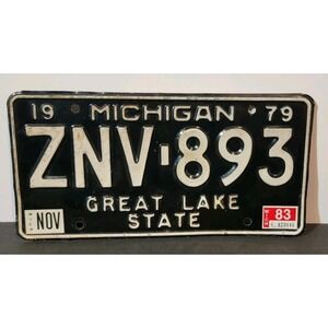 Vintage 1979 Michigan License Plate #ZNV-893 Black And White